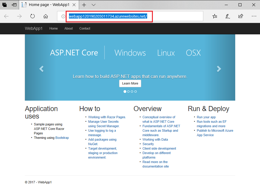 Screenshot of a web browser with the sample web app displaying and the url highlighted